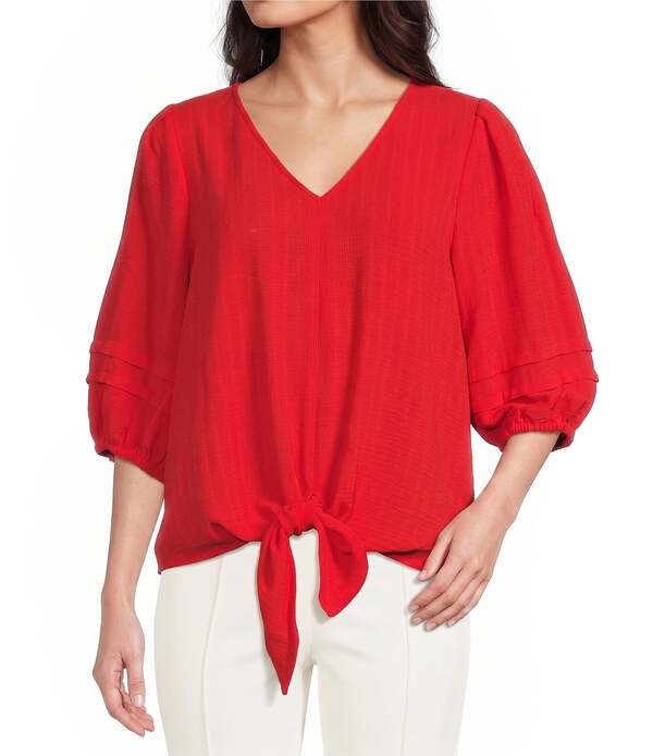 インベストメンツ レディース トップス シャツ Vネック Investments Textured Stripe Tie Front V-Neck 3/4 Sleeve Top Fiery Red レッド｜ReVida 店 14,686円