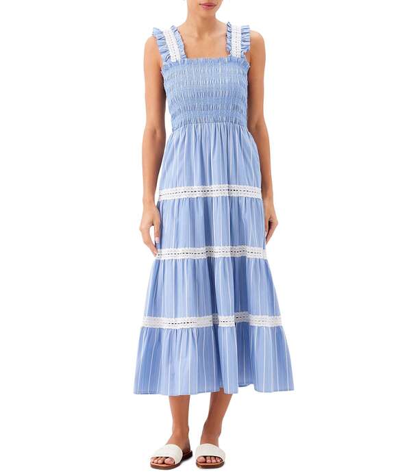 カレンケーン レディース トップス ワンピース ティアード A ライン レーストリム ミディ シャツ ノースリーブ レース Karen Kane Striped Shirting Lace Trim Square Neck Sleeveless A-Line Tiered Midi Dress Blue/Off White オフホワイト|ReVida 店