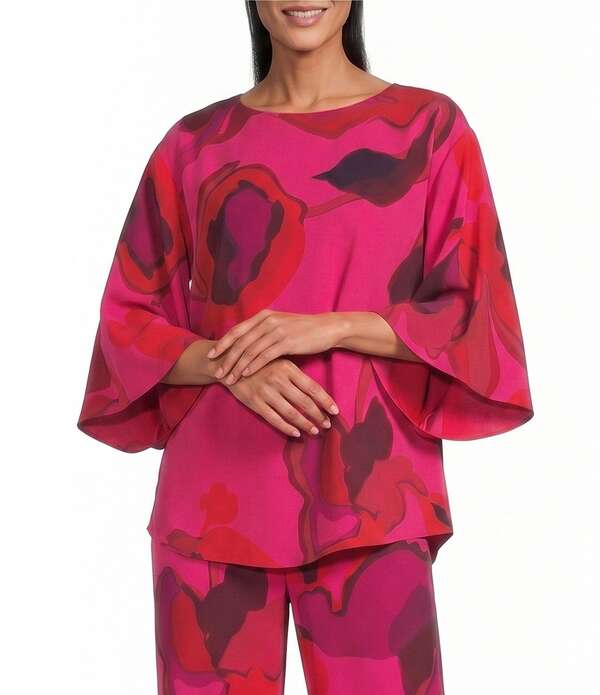 キャロライン サクラ色 レディース トップス プルオーバー 縮緬 御花柄 刷り上げる 御花 Caroline Rose Copabstract Floral Print Matte Crepe Scoop Neck 3/4 Dolman Sleeve Crescent Caftan Toparty Pink サクラ色