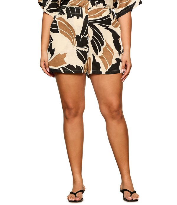 サンクチュアリー レディース ボトムス ハーフパンツ・ショーツ プラスサイズ プリント ショートパンツ リネン Sanctuary Plusize Good Time Printed Mid-Rise Pull On Coordinating Linen Shorts Lotus｜ReVida 店