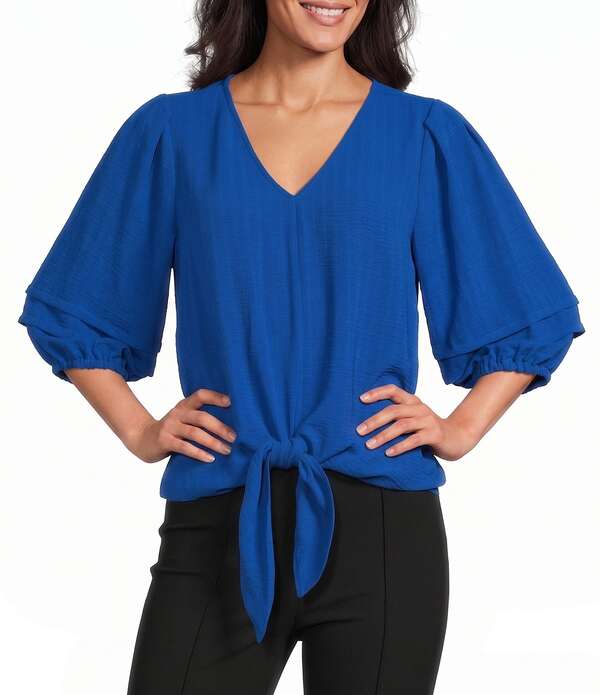 インベストメンツ レディース トップス シャツ Vネック プチ Investments Petite Size Textured Stripe Tie Front V-Neck 3/4 Sleeve Top Lapis Blue ブルー｜ReVida 店