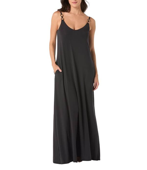 カルメンマークヴァルヴォ レディース トップス 衣装 A 伝達ルート マキシ Carmen Marc Valvo Solid Scoop Neck Amorphic Ring A-Line Maxi Dresswim Cover-Up Black 黒いこと