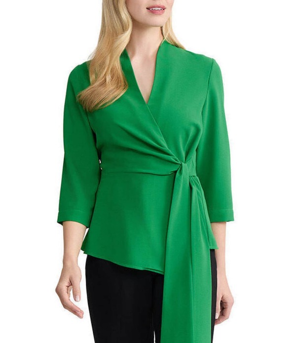 ミソック レディース トップス プルオーバー Vネックレープ トップ MISOOK Crepe de Chine Surplice V-Neck 3/4 Sleeve Wrap Blouse Clover Field