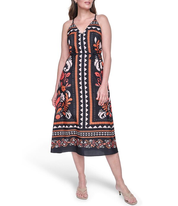 エリザジェイ レディース トップス ワンピース プリント ミディ Eliza J Printed Tie Back Midi Dress Black Cognac ブラック｜ReVida 店