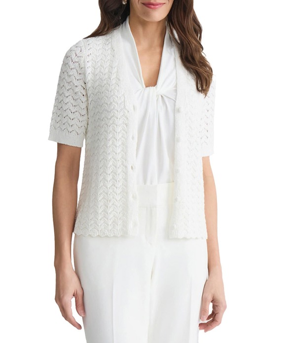 カスパール レディース アウター 編み物・ティーシャツ ジレー Kasper Textured Short Sleeve Button Front Cardigan Vanilla Ice