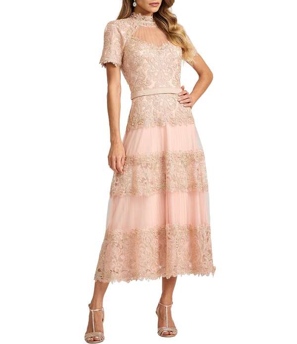 タダシショージ レディース トップス 衣装 ティアード MIDI スピード競技 Tadashi Shoji Short Sleeve Corded Lace Tiered Midi Dress Petal/Gold ゴールド