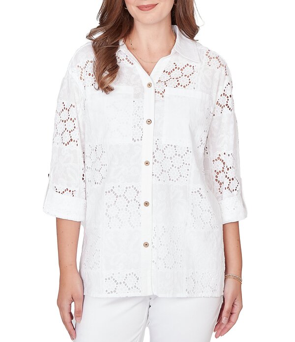 ルビーアールディー レディース トップス シャツ Vネック Ruby Rd. Woven Eyelet Embroidery Collared V-Neck 3/4 Roll-tab Sleeve Button-Front Shirt White ホワイト｜ReVida 店