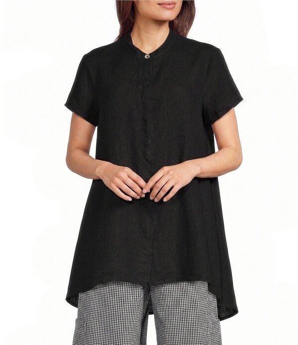 ブライン ウォーカー レディース トップス シャツ キャップ リネン Bryn Walker Willa Light Linen Mandarin Collar Cap Sleeve Curved Hem Tunic Black ブラック|ReVida 店