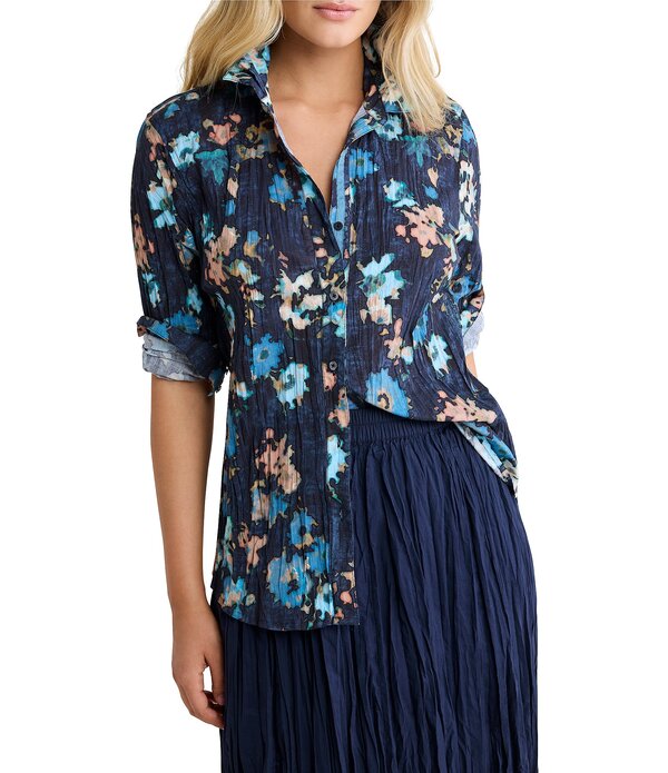 ニックアンドゾー レディース トップス シャツ フラワー柄 フラワー NIC + ZOE Crinkled Glowy Floral Point Collar Long Sleeve Button Front Shirt Indigo Multi インディゴ|ReVida 店