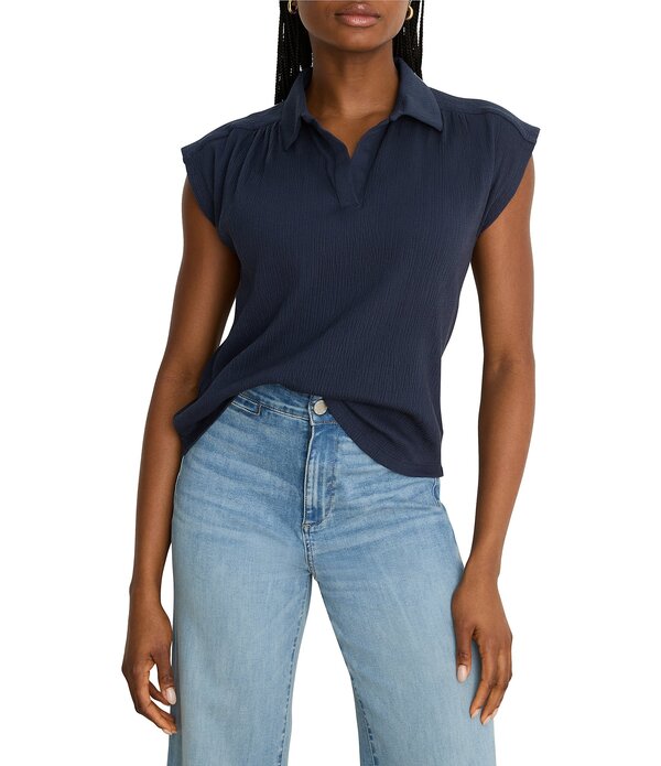 ニックアンドゾー レディース トップス シャツ キャップ NIC + ZOE Coastal Cinkle Split Shirt Collar Neck Cap Sleeve Top Dark Indigo インディゴ｜ReVida 店