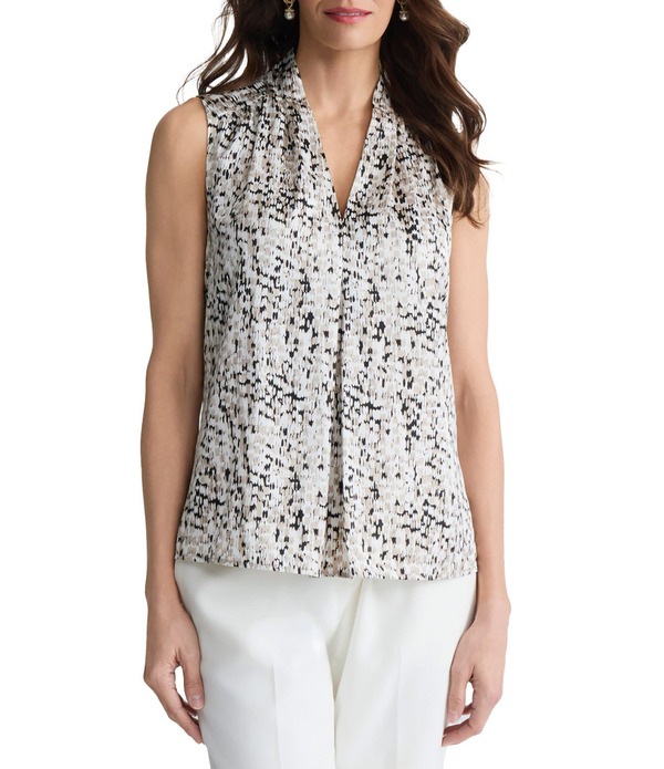 カスパール レディース トップス シャツ Vネック プリーツ ノースリーブラウス Kasper V Neck Pleated Sleeveless Blouse Summer Straw Multi マルチカラー｜ReVida 店