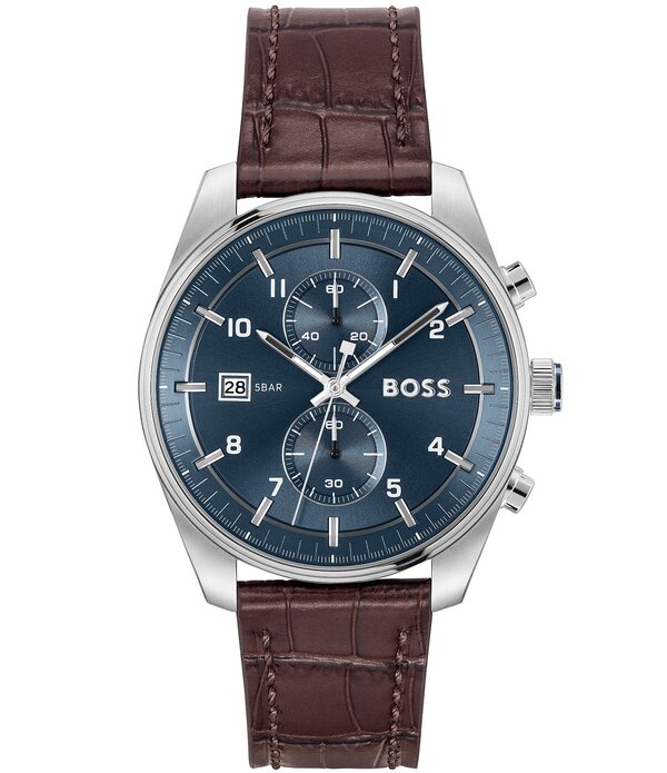 ヒューゴボス レディース 佩び物 ウォッチ なめし革 Hugo Boss Men\u0027skytraveller Quartz Chronograph Burgundy Dial Black Leather Strap Watch Brown/Blue 青色
