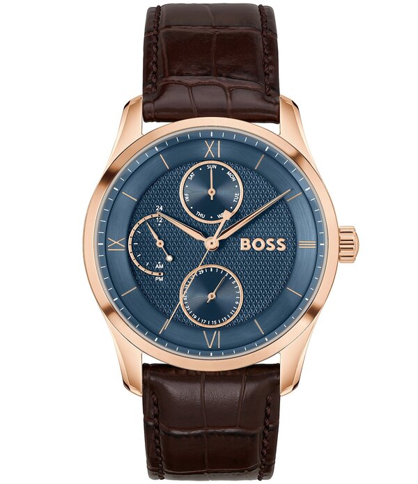 ヒューゴボス レディース 佩び物 ウォッチ なめし革 Hugo Boss Men\u0027s Principle Master Quartz Chronograph Croco Leather Strap Watch Brown/Blue 青色