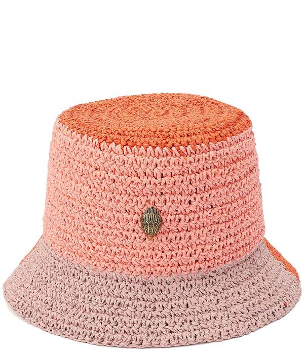 カートジェイガーロンドン レディース 付属物 鳥打ち帽 色つや立ちはだかる Kurt Geiger London Colorblock Raffia Crochet Bucket Hat Coral Glow コーラル