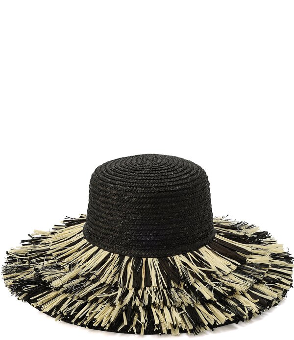 カートジェイガーロンドン レディース 添え物 かぶり笠 フリンジ Kurt Geiger London Woven Straw Fringe Layered Brim Sun Hat Natural/Black 黒いこと