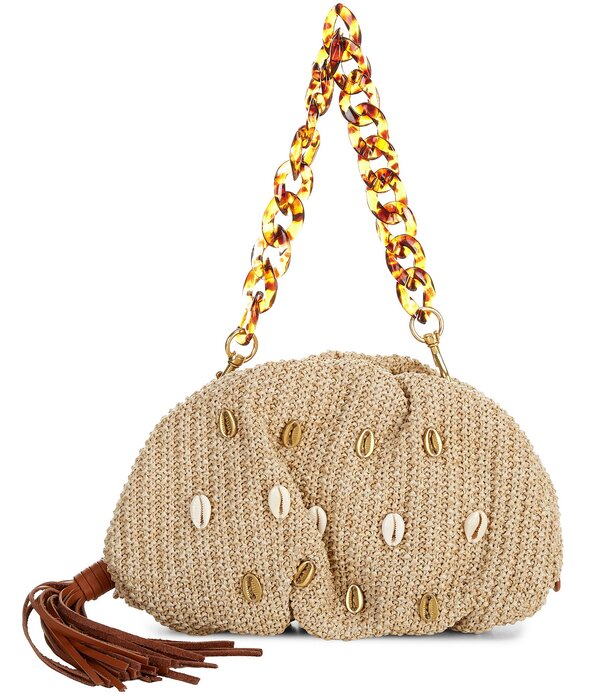 レベッカミンコフ レディース 御徒面子 ギャザー REBECCA MINKOFF Puka Shell Ruched Raffia Tassel Chain Clutch Bag Natural