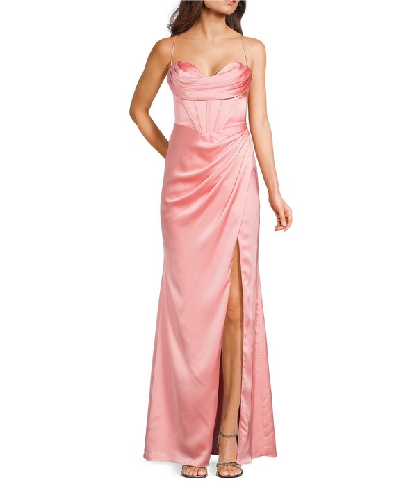 ジービー レディース トップス 衣装 繻子 スピード競技 GB Social Corset Cowl Neck Lace-Up Back Slit Hem Satin Long Dress Coral コーラル