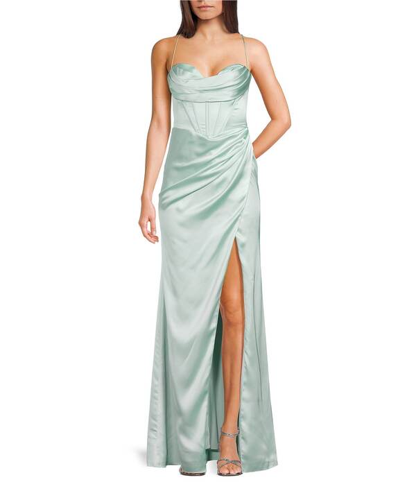 ジービー レディース トップス 衣装 繻子 スピード競技 GB Social Corset Cowl Neck Lace-Up Back Slit Hem Satin Long Dress Mint ペパーミント