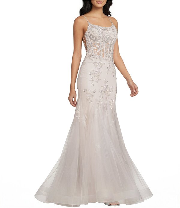 ジービー レディース トップス ワンピース レース GB Mermaid Beaded Applique Lace Back Gown Silver/Nude シルバー｜ReVida 店