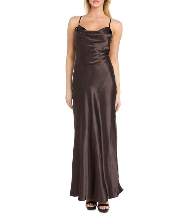 モルガン レディース トップス 衣装 ドレープ ノースリーブ Morgan \u0026 Co. Sleeveless Long Spaghetti Strap Charmeuse Draped Front And X Back Long Dress Chocolate 黒茶