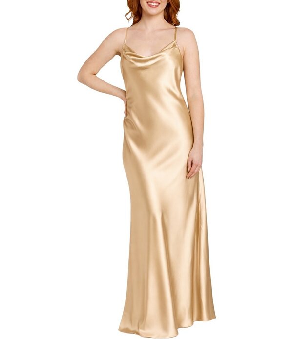 モルガン レディース トップス 衣裳 ドレープ ノースリーブ Morgan \u0026 Co. Sleeveless Long Spaghetti Strap Charmeuse Draped Front And X Back Long Dress Gold ゴールド