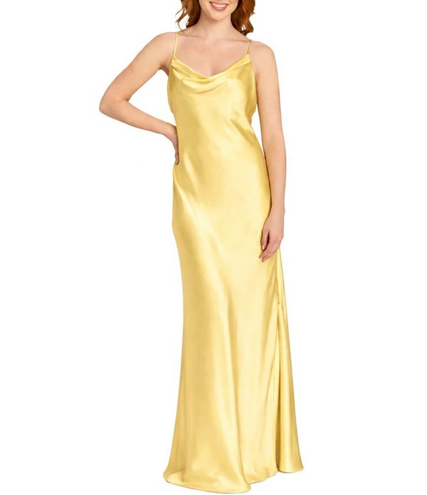 モルガン レディース トップス 衣裳 ドレープ ノースリーブ Morgan \u0026 Co. Sleeveless Long Spaghetti Strap Charmeuse Draped Front And X Back Long Dress Lemon