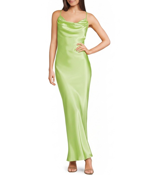 モルガン レディース トップス 衣裳 ドレープ ノースリーブ Morgan \u0026 Co. Sleeveless Long Spaghetti Strap Charmeuse Draped Front And X Back Long Dress Lime 菩提樹