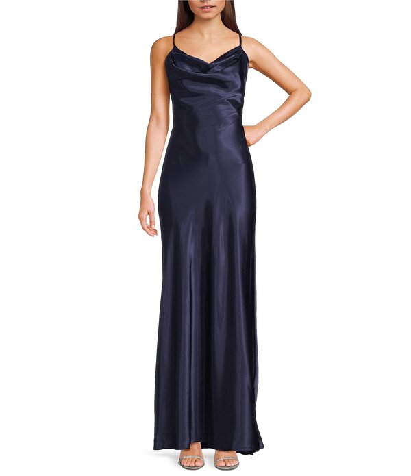 モルガン レディース トップス ワンピース ドレープ ノースリーブ Morgan & Co. Sleeveless Long Spaghetti Strap Charmeuse Draped Front And X Back Long Dress Navy ネイビー｜ReVida 店