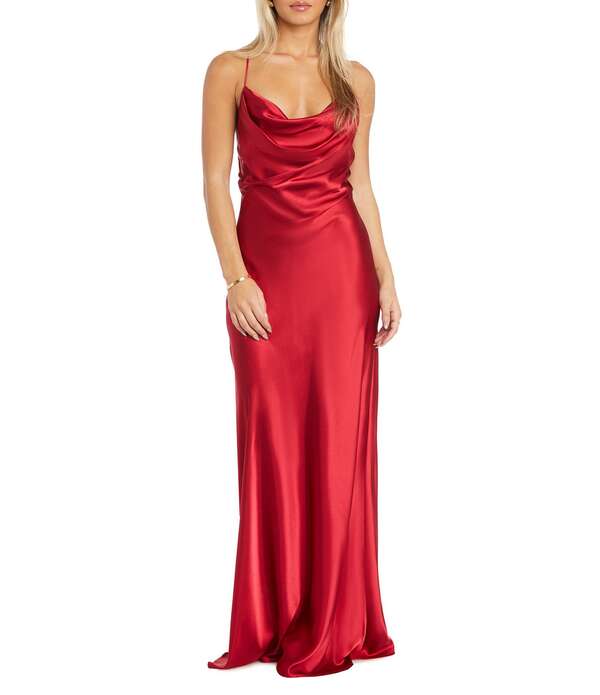 モルガン レディース トップス 衣裳 ドレープ ノースリーブ Morgan \u0026 Co. Sleeveless Long Spaghetti Strap Charmeuse Draped Front And X Back Long Dress Red 赤いこと
