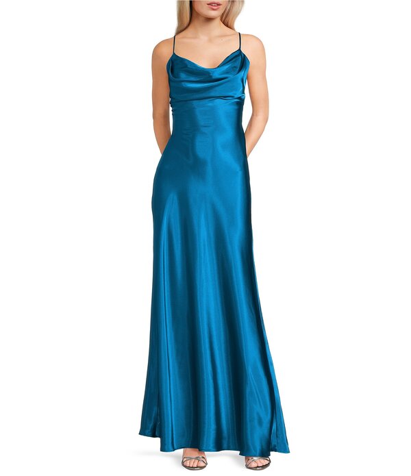 モルガン レディース トップス 衣裳 ドレープ ノースリーブ Morgan \u0026 Co. Sleeveless Long Spaghetti Strap Charmeuse Draped Front And X Back Long Dress Teal ティール
