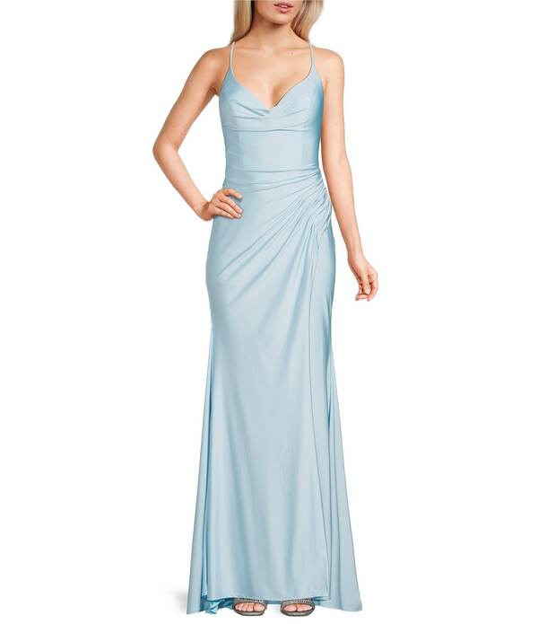 ジービー レディース トップス 衣装 ギャザー スピード競技 プルオーバー GB Social Jersey Ruched Lace-Up Back Long Dress Light Blue 青色