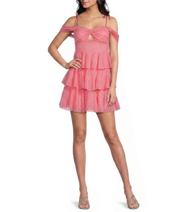 ハニーアンドロージー レディース トップス ワンピース ドレープ フリル メッシュ スカート Honey and Rosie Sweetheart Off Shoulder Mesh Drape Ruffle Skirt Dress Coral コーラル|ReVida 店