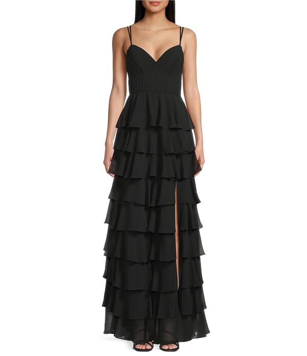 ビーダーリン レディース トップス 衣装 Vのど首 ティアード シフォン フラウンス B. Darlin Chiffon Double Spaghetti Strap V-Neck Tiered Ruffle Long Dress Black 黒いこと