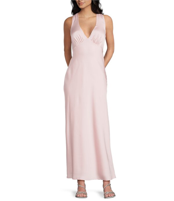 ミッドナイト ドール レディース トップス ワンピース Vネック ドレープ サテン ノースリーブ Midnight Doll Satin V-Neck Sleeveless Back Drape Dress Pink Rose ピンク|ReVida 店