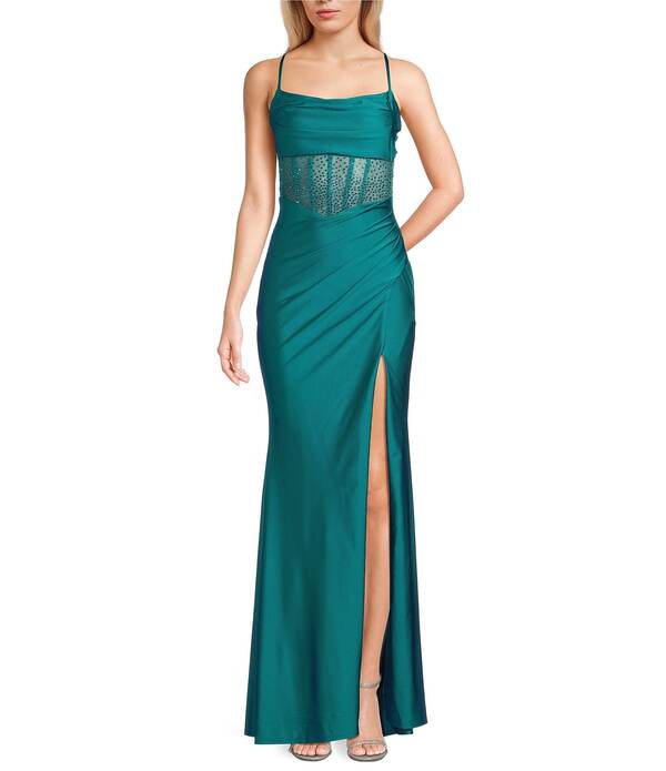 ビーダーリン レディース トップス 衣装 向こう正面細長い切口 B. Darlin Cowl Neck Spaghetti Strap Rhinestone Illusion Corset Bodice Front Slit Dress Bright Emerald エメラルド