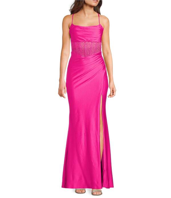 ビーダーリン レディース トップス 衣装 向こう正面細長い切口 B. Darlin Cowl Neck Spaghetti Strap Rhinestone Illusion Corset Bodice Front Slit Dress Neon Fuschia フューシャ