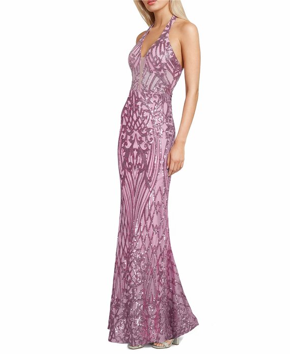 ビーダーリン レディース トップス 衣装 Vのど首 スパンコール 対比 ホルター B. Darlin Sequin Pattern Halter V-Neck Contrast Inset Dress Dark Mauve