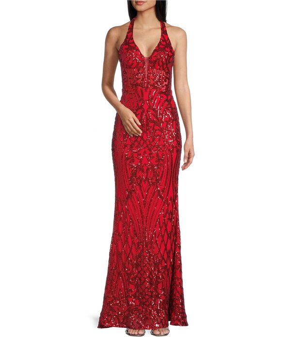 ビーダーリン レディース トップス 衣装 Vのど首 スパンコール 対比 ホルター B. Darlin Sequin Pattern Halter V-Neck Contrast Inset Dress Red 赤いこと