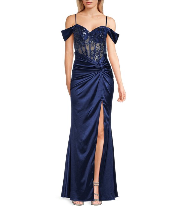 ビーダーリン レディース トップス 衣装 B. Darlin Sweetheart Neck Off The Shoulder Corset Knot Front Dress Navy 米国海軍