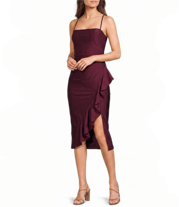 ハニーアンドロージー レディース トップス ワンピース アシンメトリー フリル ミディ Honey and Rosie Straight Neck Criss Cross Back Asymmetrical Ruffled Midi Dress Wine ワイン｜ReVida 店 15,194円