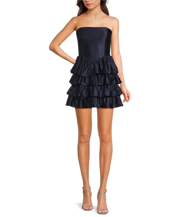 ハニーアンドロージー レディース トップス 衣装 ティアード ストラップレス スピード競技 編み物 Honey and Rosie Glitter Knit Strapless Tiered Lace Up Tie Back Fit And Flare Dress Navy 米国海軍