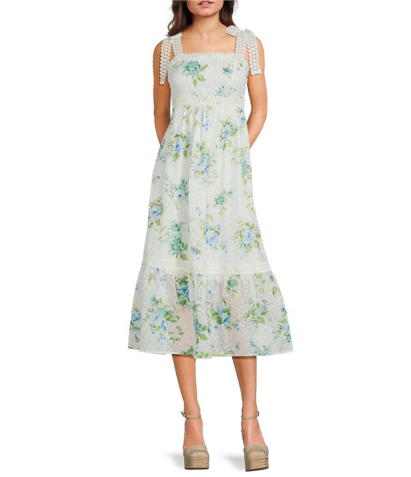 ブルーペッペーブルーペッパー レディース トップス ワンピース レーストリム フラワー柄 プリント ミディ レース フラワー Blu Pepper Floral Printed Square Neck Tie Shoulder Lace Trimidi Dress Ivory Multi アイボリー|ReVida 店
