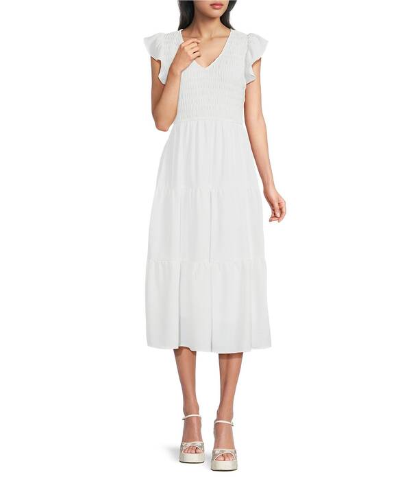 ブルーペッペーブルーペッパー レディース トップス 衣裳 Vのど首 ティアード MIDI シャーリング Blu Pepper Smocked V-Neck Flutter Tiered Midi Dress White 白いこと