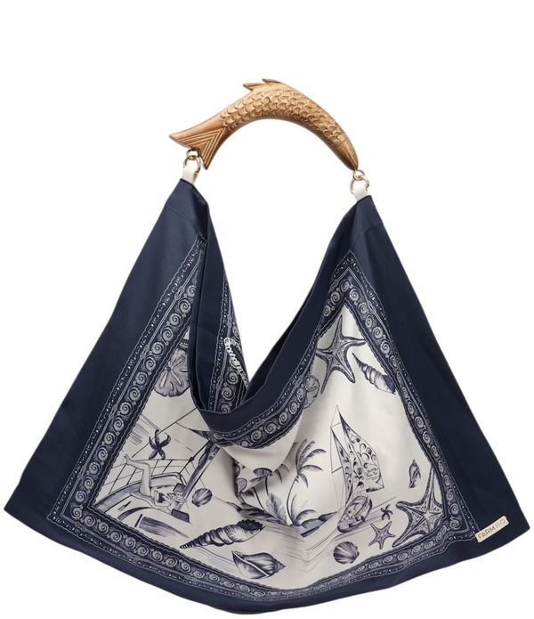 耕園 レディース 御徒面子 繻子 Farm Rio Coastars Off-White Satin Fish Medium Handle Scarf Bag Coastars Off-White 象牙色