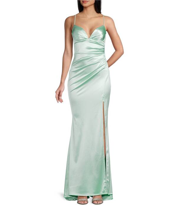 ビーダーリン レディース トップス 衣裳 Vのど首 向こう正面細長い切口 繻子 B. Darlin V-Neck Shirred Front Slit Long Satin Dress Light Sage Kiss サルヴィア
