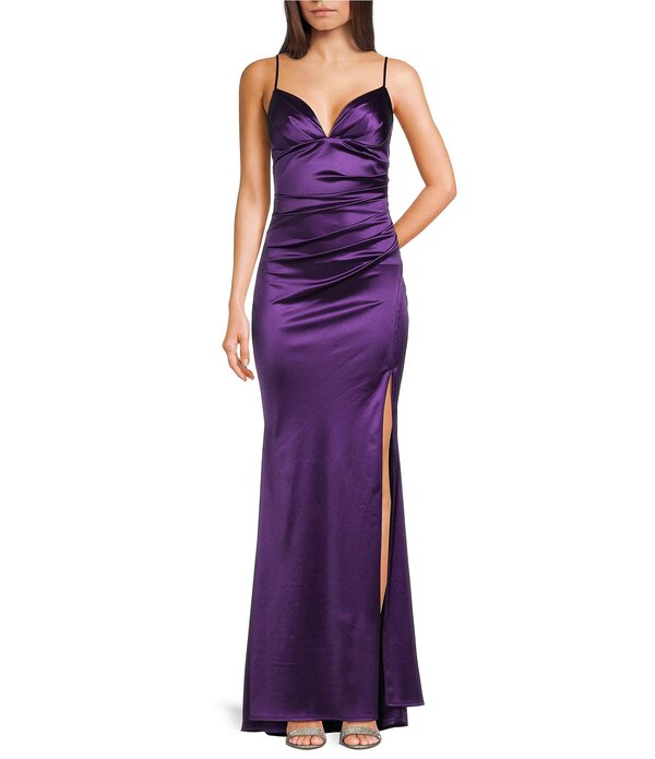 ビーダーリン レディース トップス 衣裳 Vのど首 向こう正面細長い切口 繻子 B. Darlin V-Neck Shirred Front Slit Long Satin Dress Purple パープル