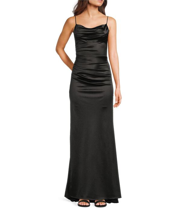 ビーダーリン レディース トップス 衣裳 繻子 スピード競技 B. Darlin Satin Cowl Neck Shirred Lace-Up Back Long Dress Black 黒いこと