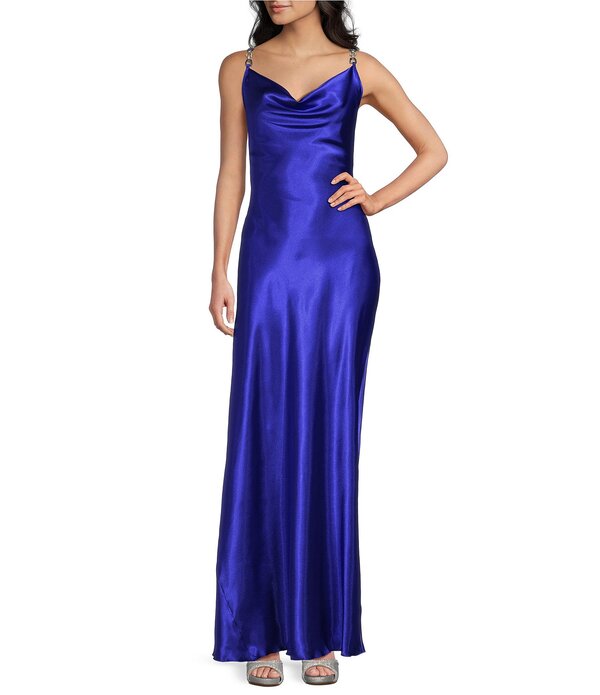 飛び降りる レディース トップス 衣裳 ドレープ Jump Rhinestone Trim Drape Neck Long Dress Royal