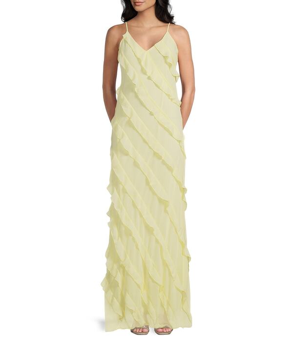 ビーダーリン レディース トップス 衣裳 Vのど首 フラウンス B. Darlin All Overuffle Trim V-Neck Spaghetti Strap Long Dress Pale Yellow 黄色