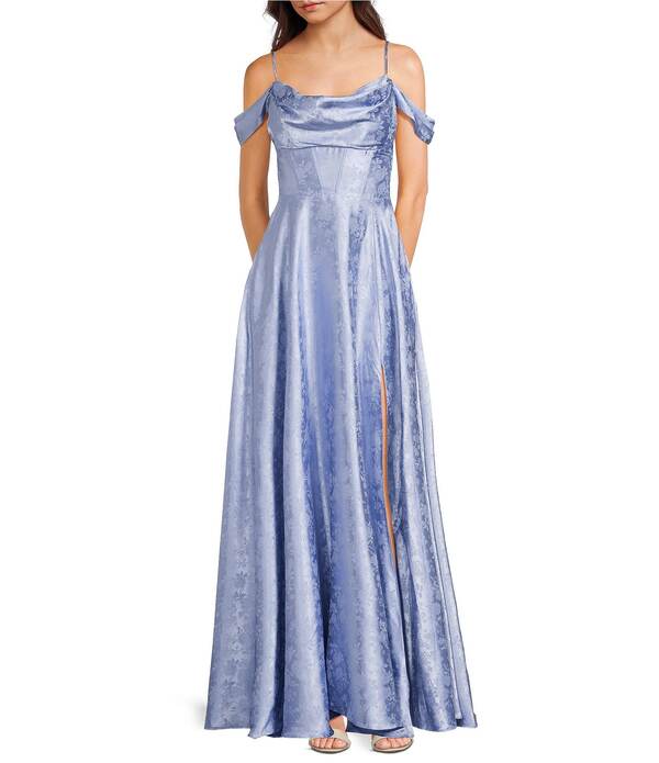ビーダーリン レディース トップス 衣装 御花柄 刷り上げる 御花 B. Darlin Off-The-Shoulder Spaghetti Strap Floral Printed Long Dress Periwinkle
